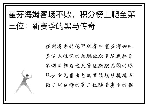 霍芬海姆客场不败,积分榜上爬至第三位:新赛季的黑马传奇